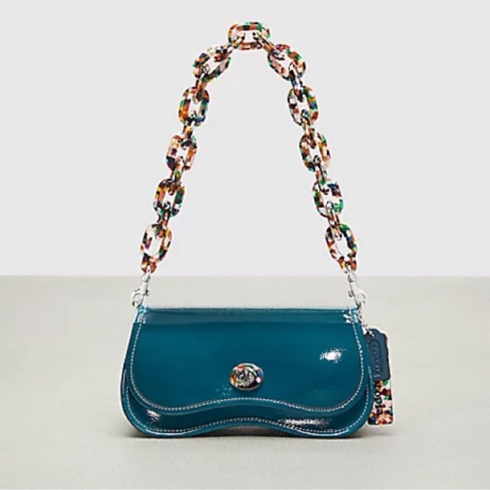 Teal Crossbody Bag with Multicolor Chain